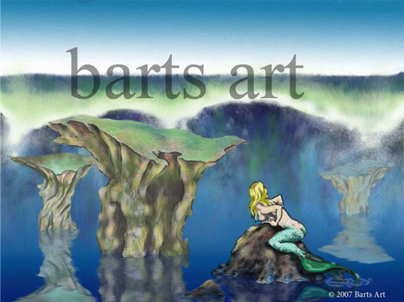 tsunami type wave with mermaid on rocks width=